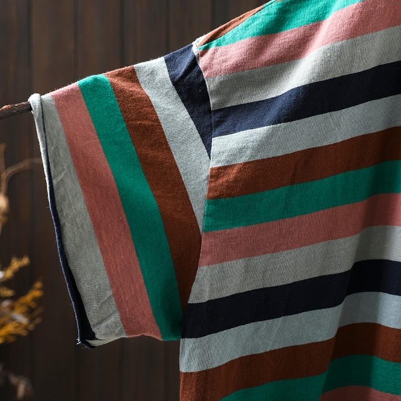 Johnature Women Vintage Striped T-Shirts O-Neck Short Sleeve Summer Casual Loose Hole Female T-Shirts