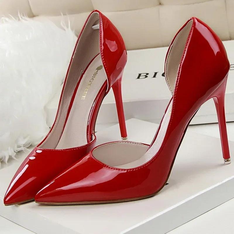 Women Patent Leather High Thin Heel Shoes Office Shallow Mouth Single Shoes Nightclub Party Wedding Banquet Gathering Lady Pumps