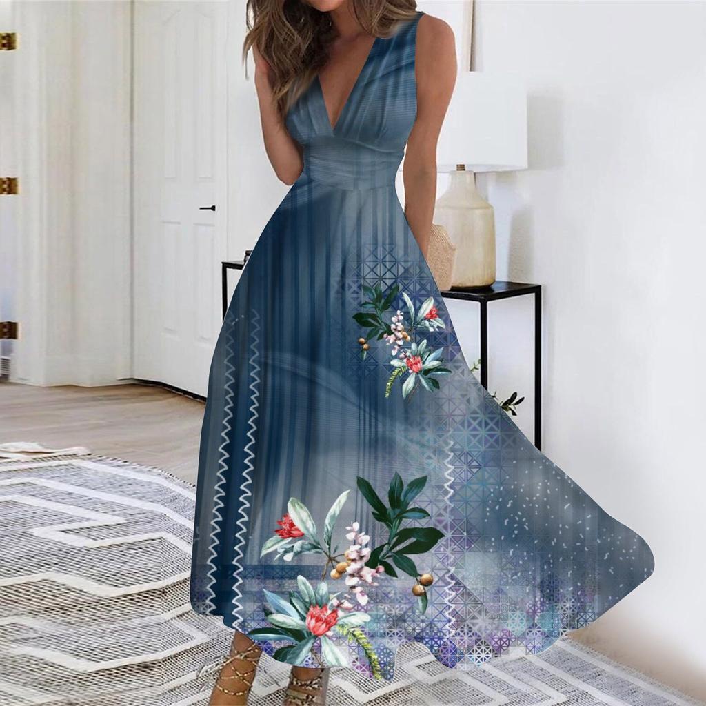 Women's Summer Fashion  Print V-Neck Sleeveless Waist Tie Dress