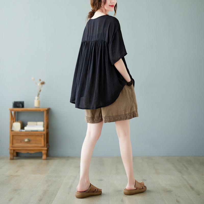 2022 Summer Plus Size Cotton Linen Casual Loose Slimming Short Sleeve T-Shirt for Women