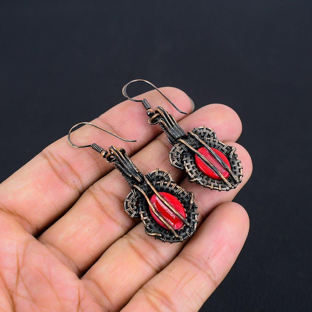 Red Coral Handmade Gemstone Earrings, 999 Copper Wire Wrapped Earrings Antique Jewelry, For Engagement Gift