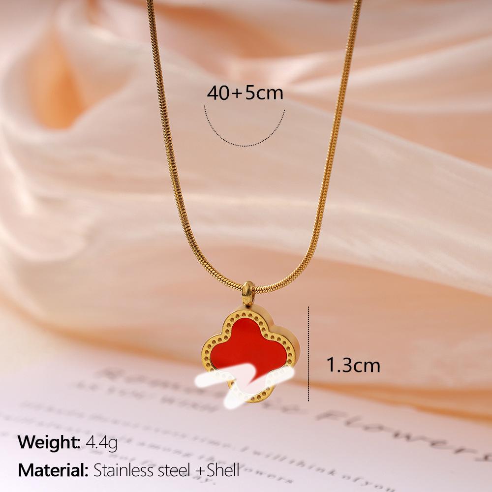 Titanium Steel Double-Sided Four-Leaf Clover Necklace with Mother-of-Pearl Pendant - Women s Light Luxury Jewelry