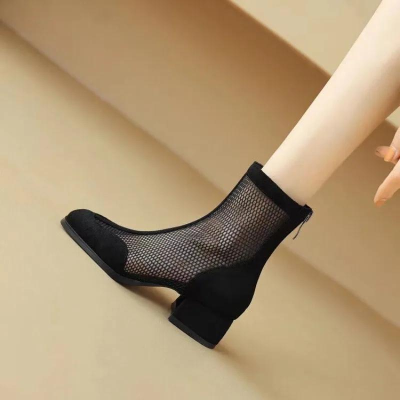 Nové prodyšné síťované krajkové dámské boty Letní kotníkové boty Tenké vysoké podpatky Sexy sandály Chelsea boty Dámský styl