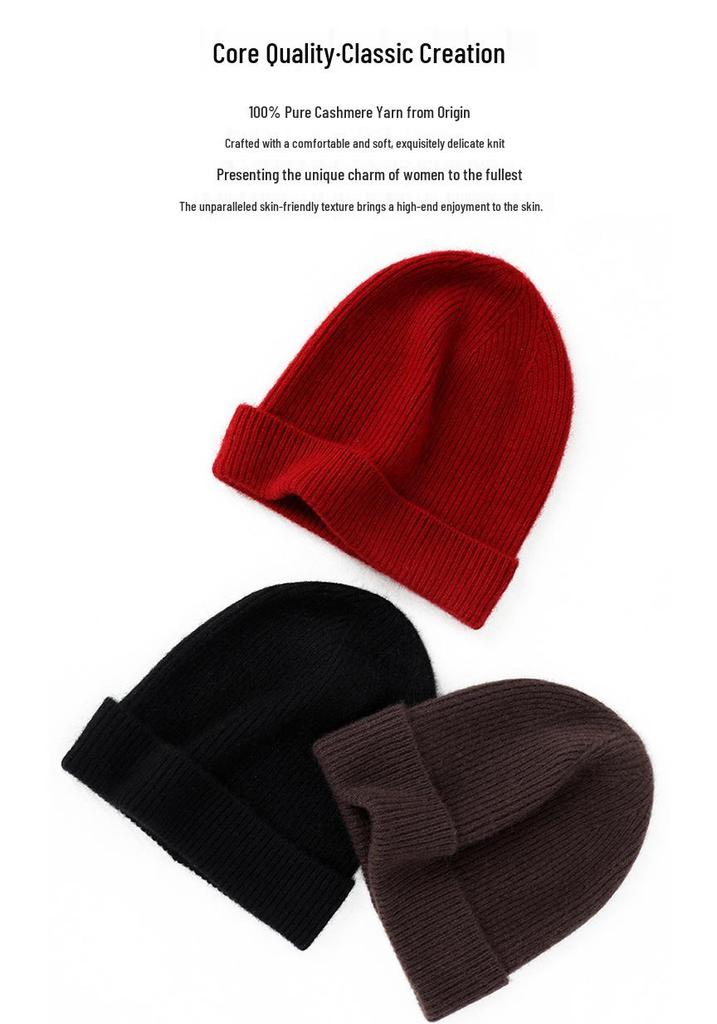 Women's 100% Pure Cashmere Hat - Stylish Solid Color Ear Protection for Autumn/Winter