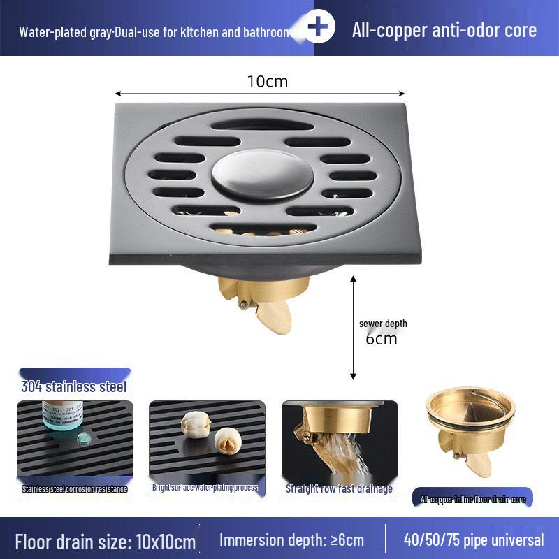 Gunmetal Gray 304 Stainless Steel Odor-Resistant Floor Drain with Copper Core for Shower & Washing Machine.