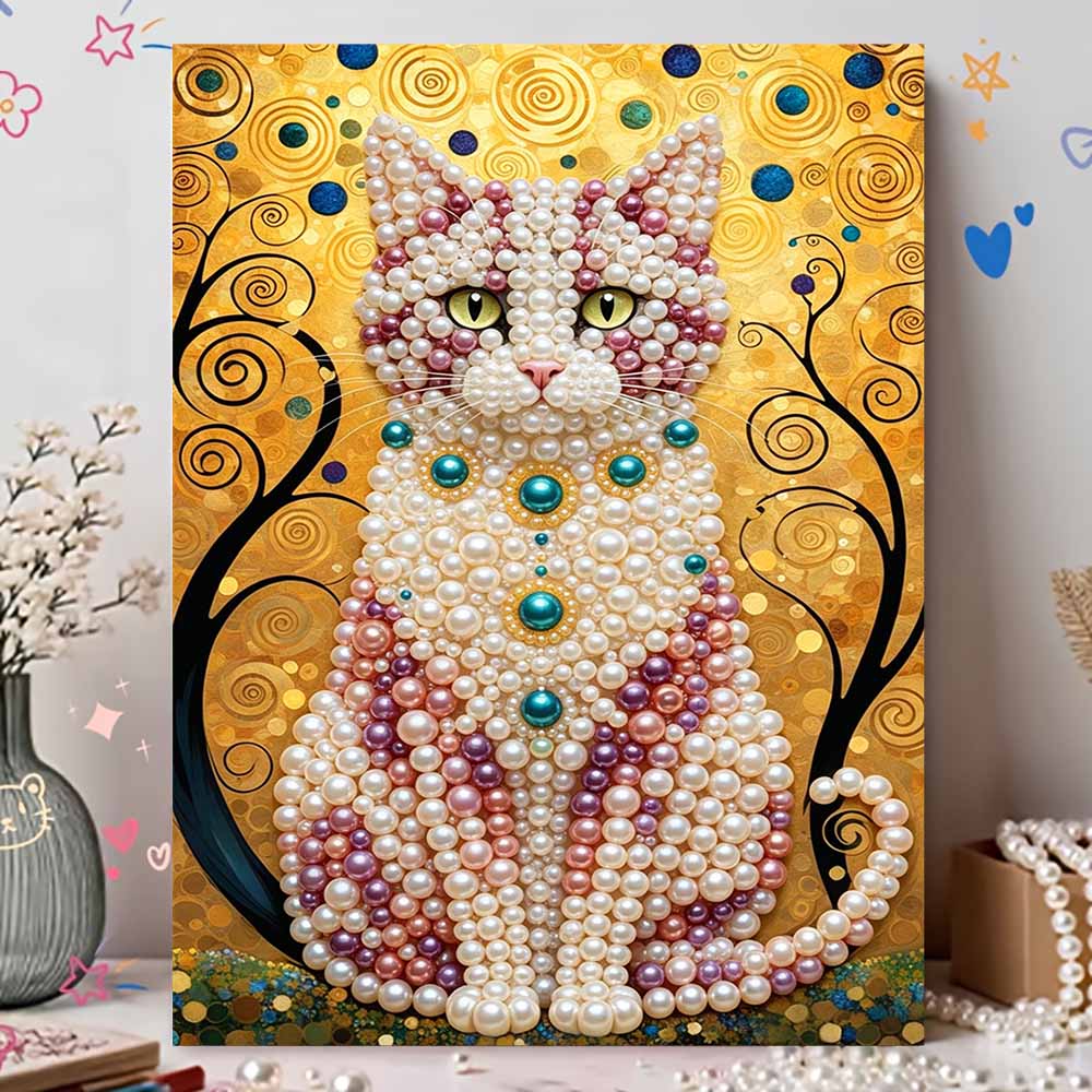 Pearl Painting DIY Kit Elegant Cat with Colorful Pearls Frameless Sparkling Bead Art Canvas Creative Home Decor Craft for Beginners