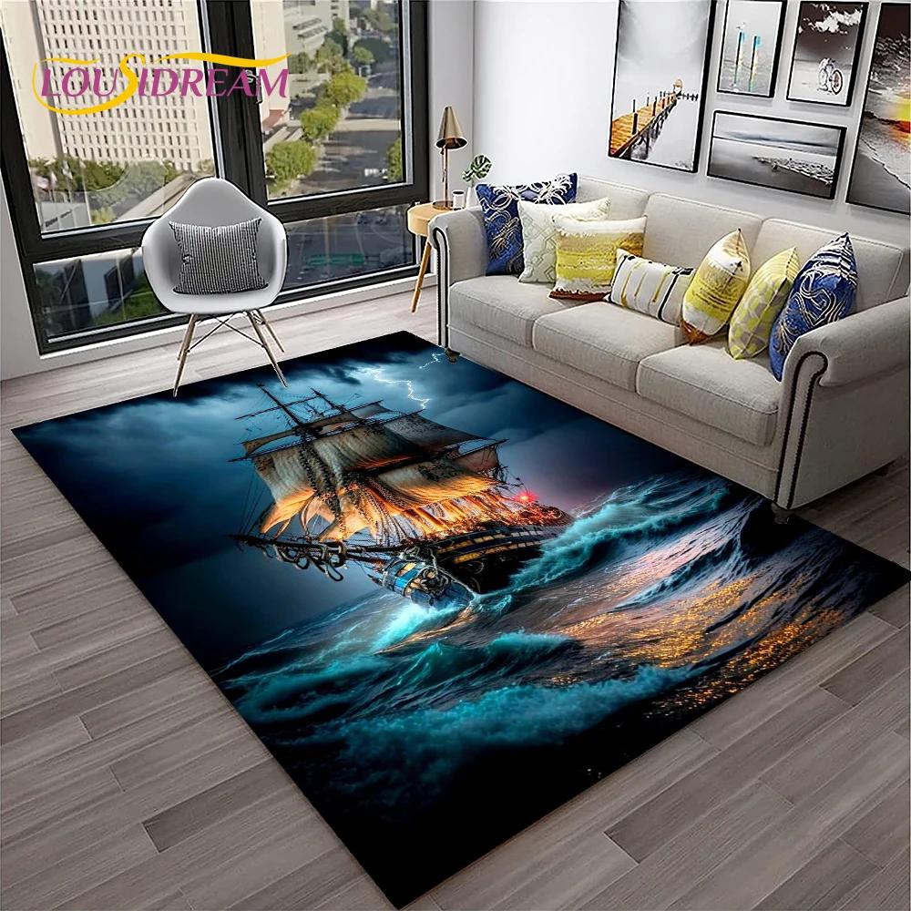 3D Piratenschiff Boot, Segelboot, Barke Teppich für Zuhause Wohnzimmer Schlafzimmer Sofa Fußmatte Dekor, Kinderbereich Teppich Rutschfeste Bodenmatte