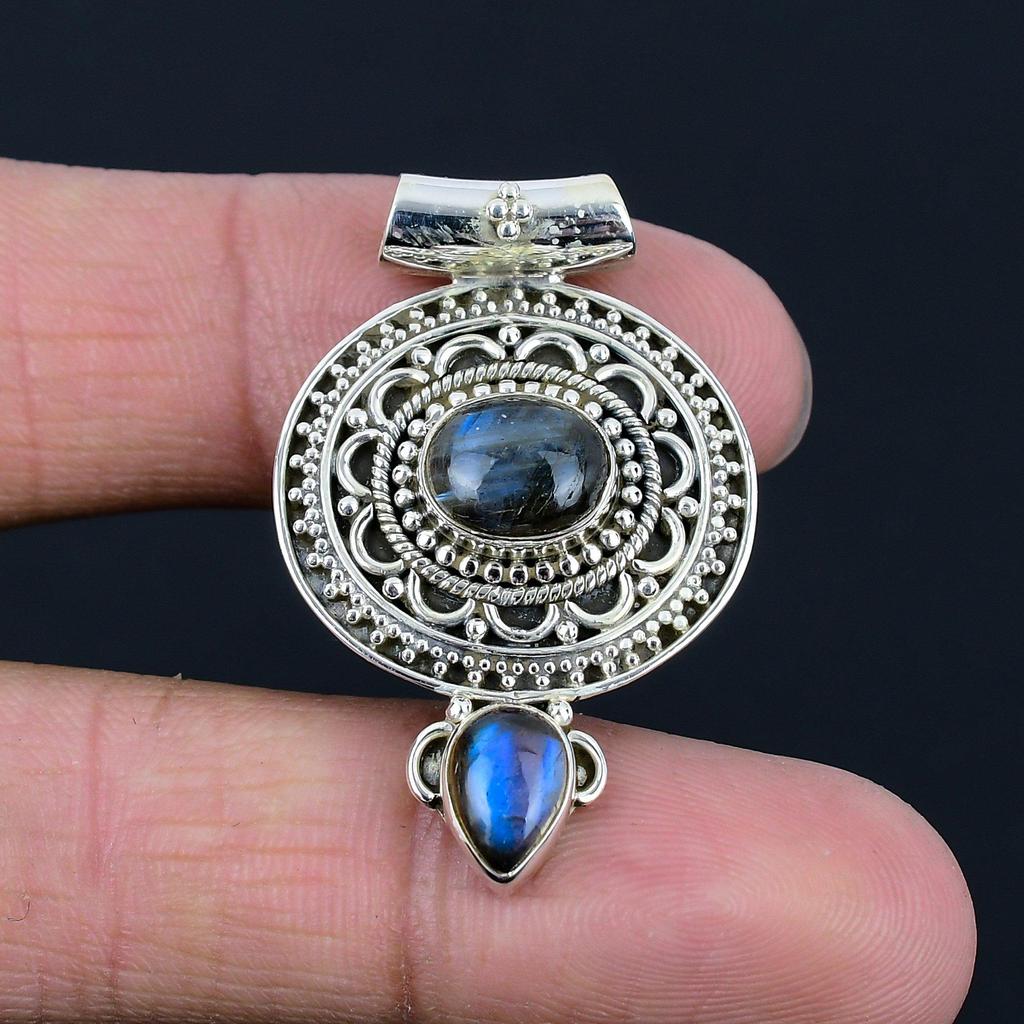 Natural Labradorite Gemstone Pendant, 925 Sterling Silver, Oxidized Teardrop Handmade Pendant Jewelry, Valentine's Day Gift For Loved Ones