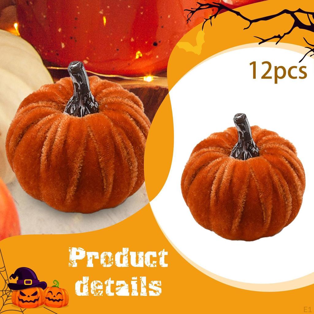 12 Artificial Velvet Pumpkins, Fake Small Fall Decorations for Halloween Table, Assorted