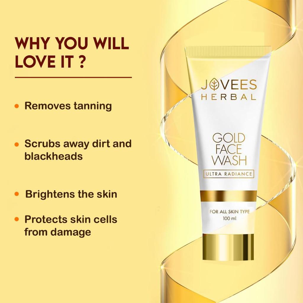 Jovees Herbal Ultra Radiance Gold Face Wash 100ml | Brightening Cleanser For Dark Spots, Glowing Skin & Hydration | Daily Gentle Face Wash