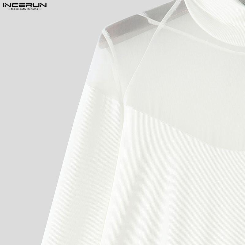 INCERUN Men Casual Turtleneck Long Sleeve Mesh Sheer Patchwork Irregular T-shirts Undershirts