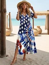 American Flag Flower Pattern Slim Long Dress V-neck Short Sleeve Side Split Hanging Loose Medium and Long Dress