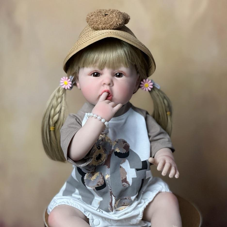 Realistischer Vollsilikonkörper, 55 cm, 22 Zoll, wiedergeborenes Baby, Mädchenpuppe mit blonden langen Haaren, Prinzessin, Kleinkind, Bebe, Weihnachtsgeschenk
