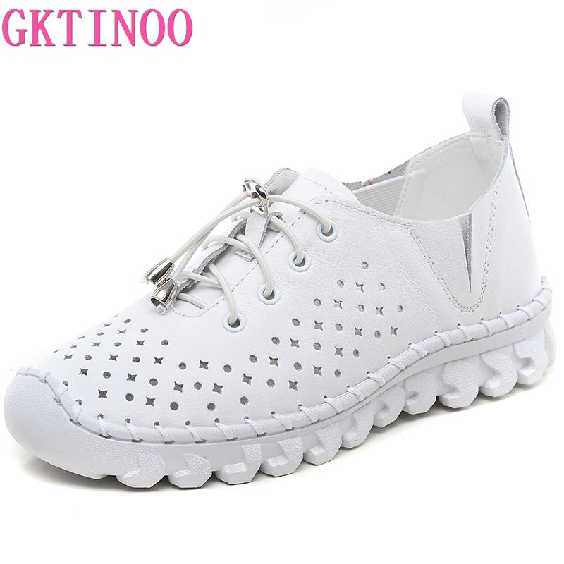 Handmade Genuine Leather Women Shoes Casual Sneakers Hollow Out Flats Ladies Lacing Loafers Breathable Vulcanized Shoe