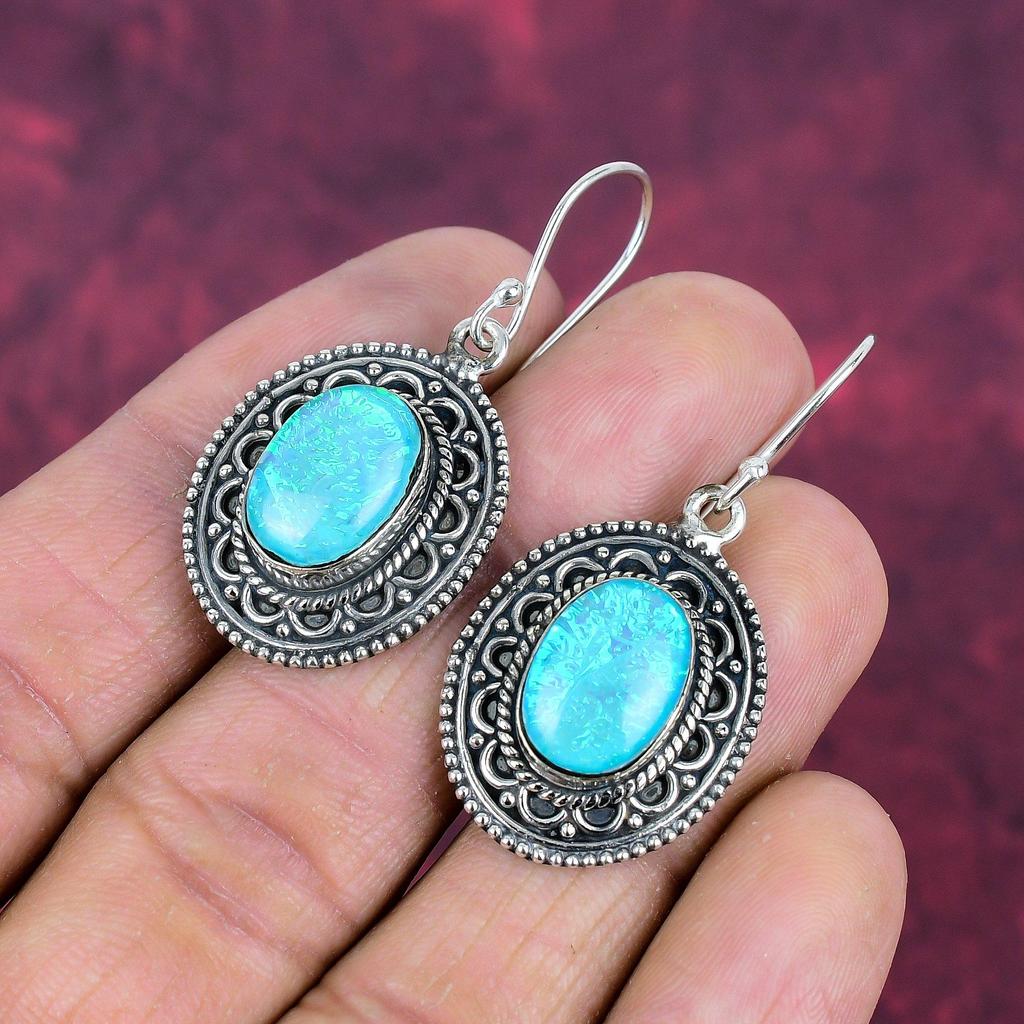 Blue Triplet Opal Earrings Gemstone Jewelry, 925 Solid Sterling Silver Handmade Earrings, Latest Design Jewelry