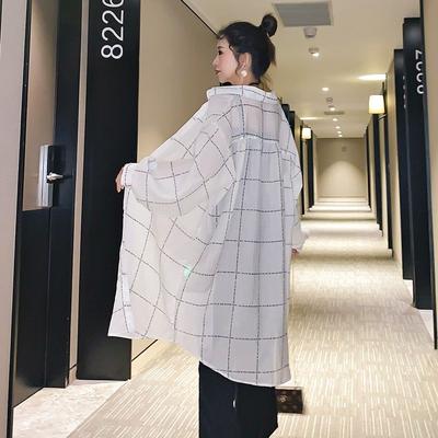 Plus Size Plaid Printed Midi Blouse Spring Summer Thin Turn-down Collar Loose Tops Women's Clothing Single-breasted Shirt