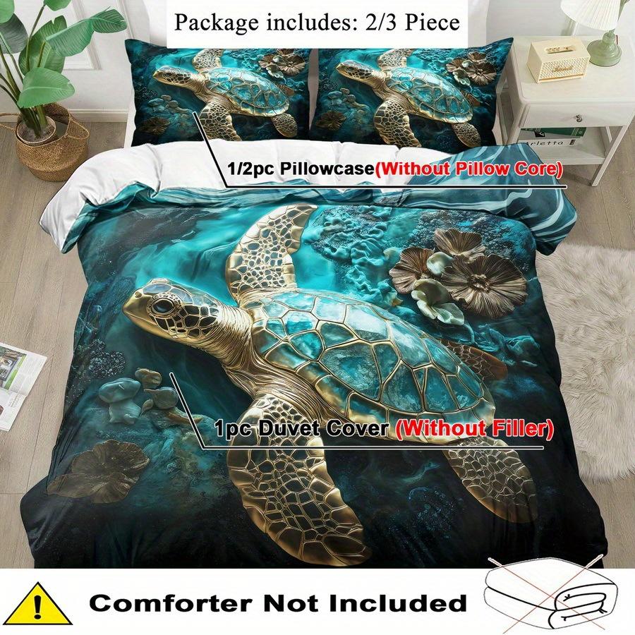 Quilt Cover Set 2/ 3pcs, Fantasy Gemstone Turtle Print Duvet Cover Set, King Queen Style Bedding, 2D Flat Printing, Quilt Decoration, Bedroo