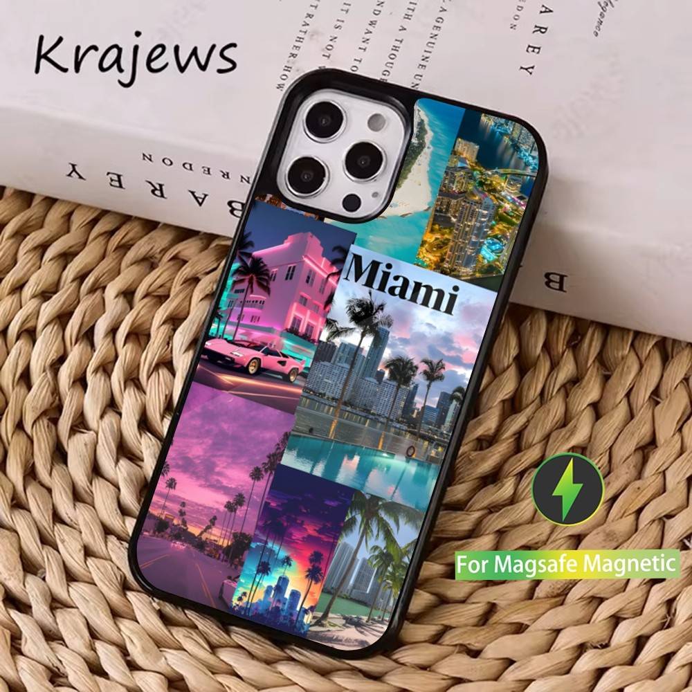 Summer Art Miami Florida Handyhülle Für iPhone 16,15,14,17,13,12,11,Pro,Max,Plus,Mini, Magsafe,Magnetische Kabellose Ladehülle