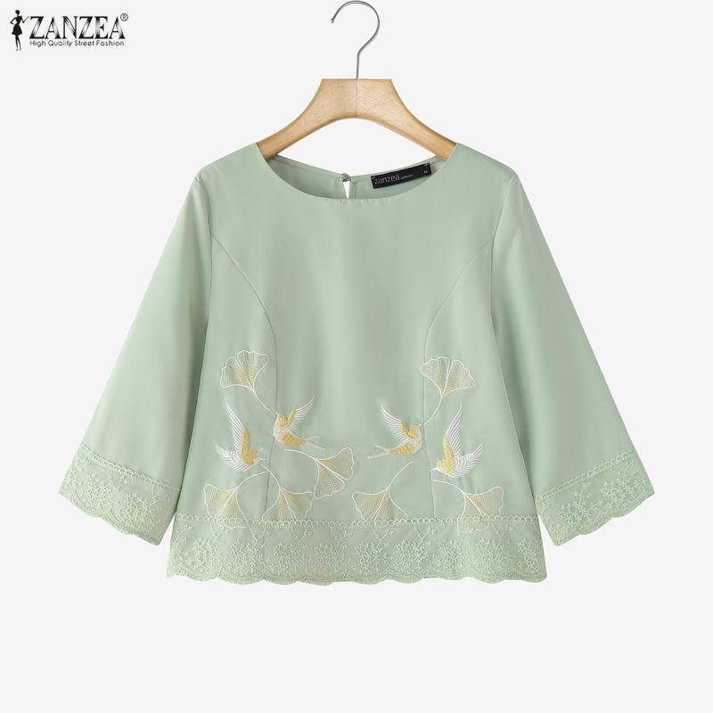ZANZEA Women Casual Round Neck Loose Embroidery 3/4 Sleeve Blouse