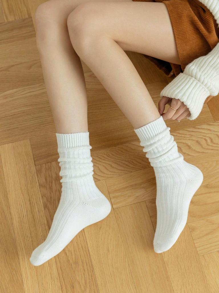 1Pair Women's Solid White Thick Ribbed Mid-Calf Socks Warm Casual Crew Socks For Fall Daily Wear