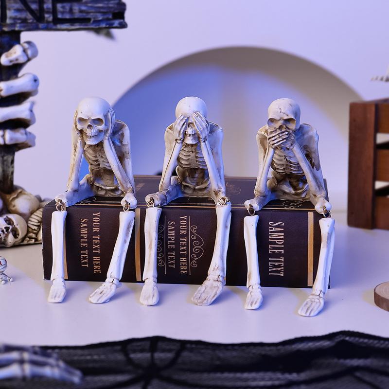 Realistic Skull Decorations See Speak Hear No Evil Skeleton Figurines Skull Statues for Home Haunted House Halloween Party Decor