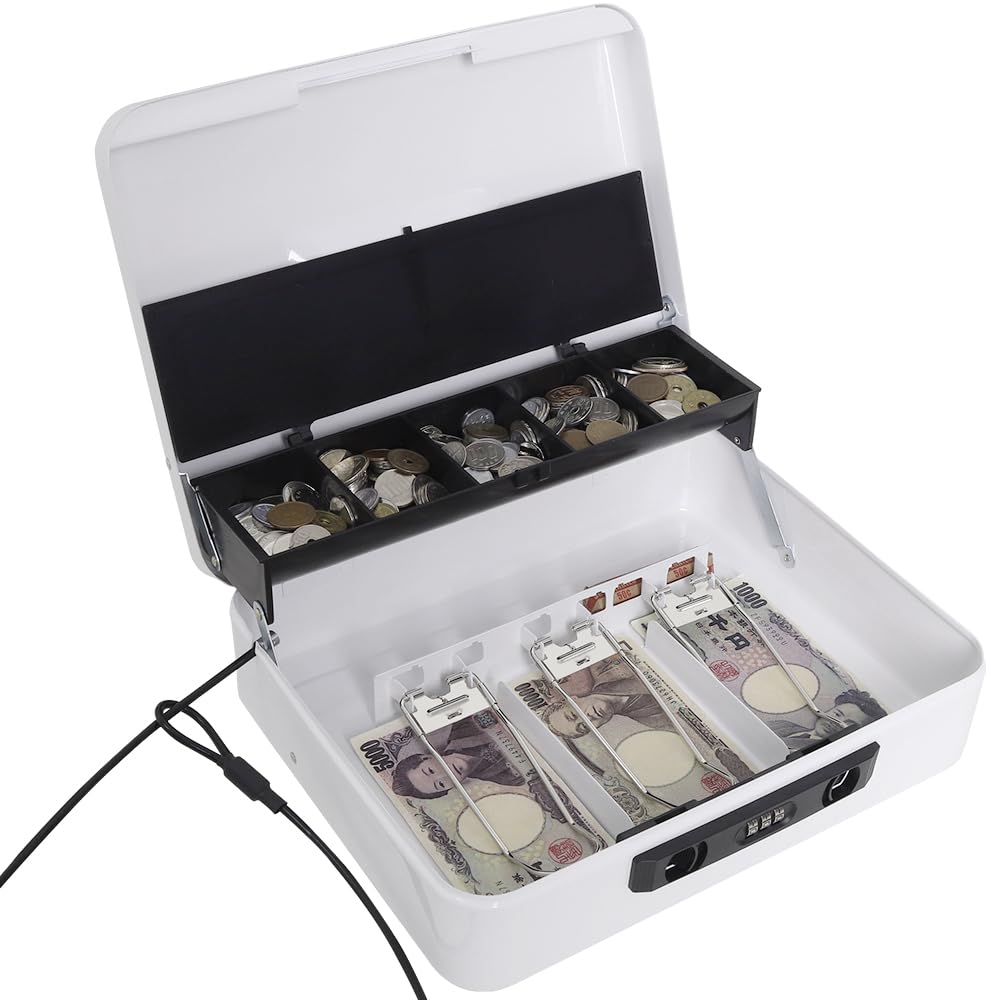 

Jssmst (Jessmat) Portable Safe, New Dial Lock Safe, Accounting Coin Case with 3 Spring Clips, Bill Organizer, Anti-Theft Wire, Metal, 30x24x8.8cm (Whi