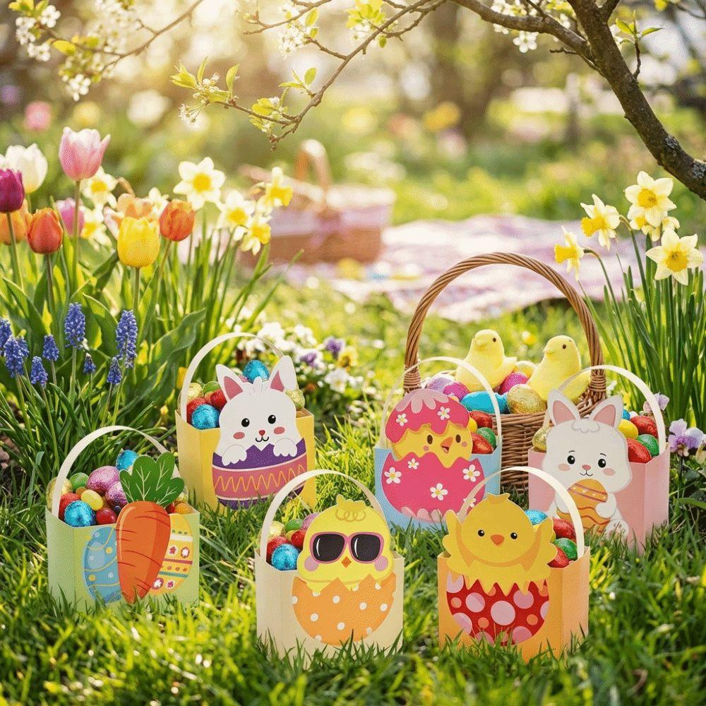 6pcs Cartoon Easter Bunny Candy Boxes Egg Rabbit Carrot Handmade Basket Gift Box Empty with Handle Easter Paper Boxes