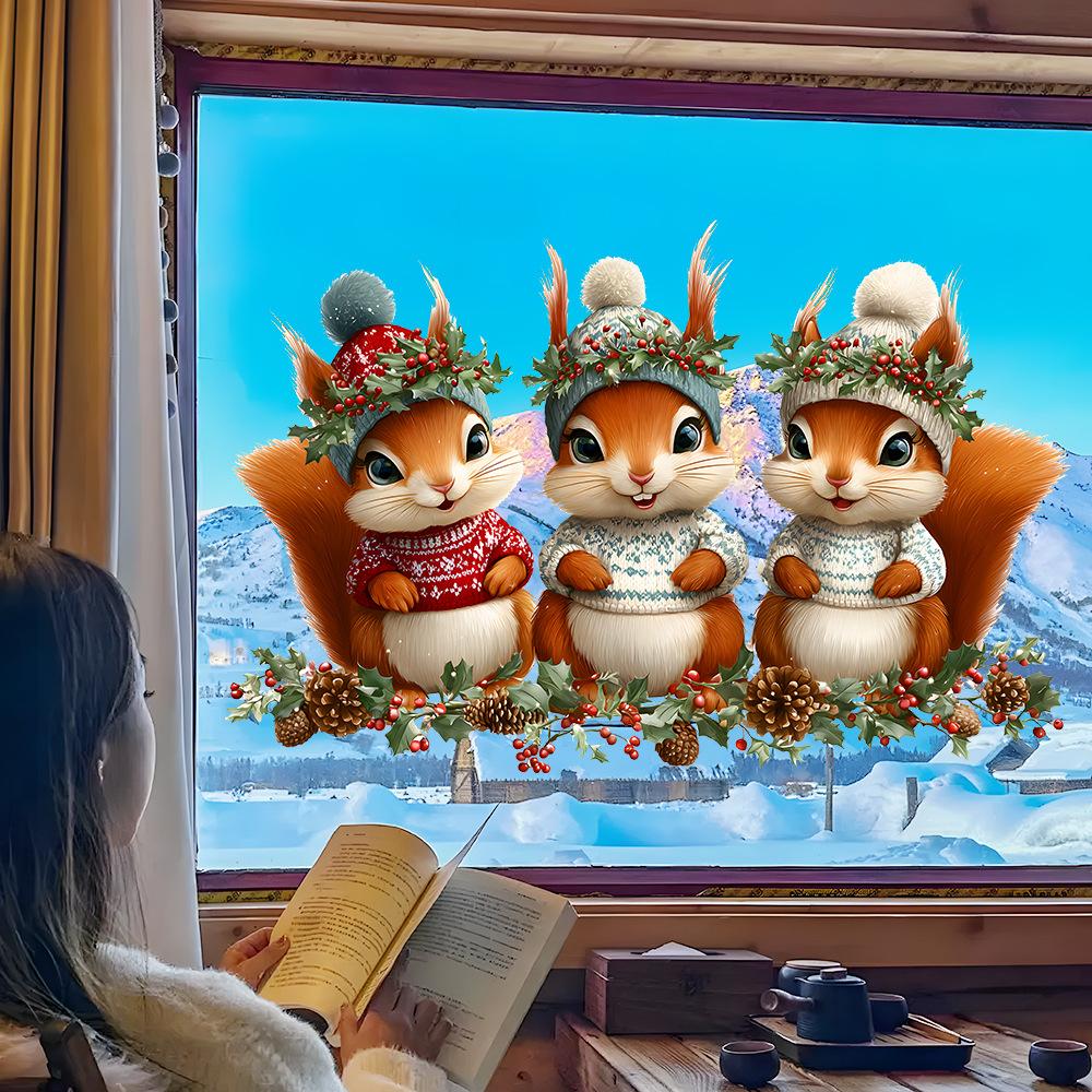 Electrostatic Cartoon Christmas Squirrel Electrostatic Adsorption Glue-free Glass Stickers Are Used for Christmas Decoration