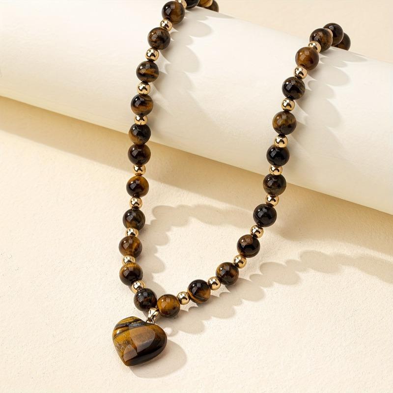 1PC Fashion Maillard Tiger's Eye Necklace Natural Stone Tiger's Eye Stone Love Pendant Necklace Women
