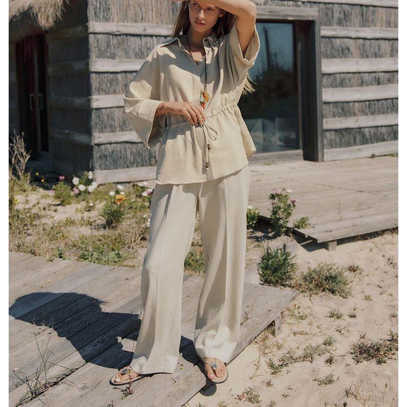 Summer New Product Women's Clothes American Minimalist White Linen Blend Straight-leg High Waist Casual Trousers 9929041