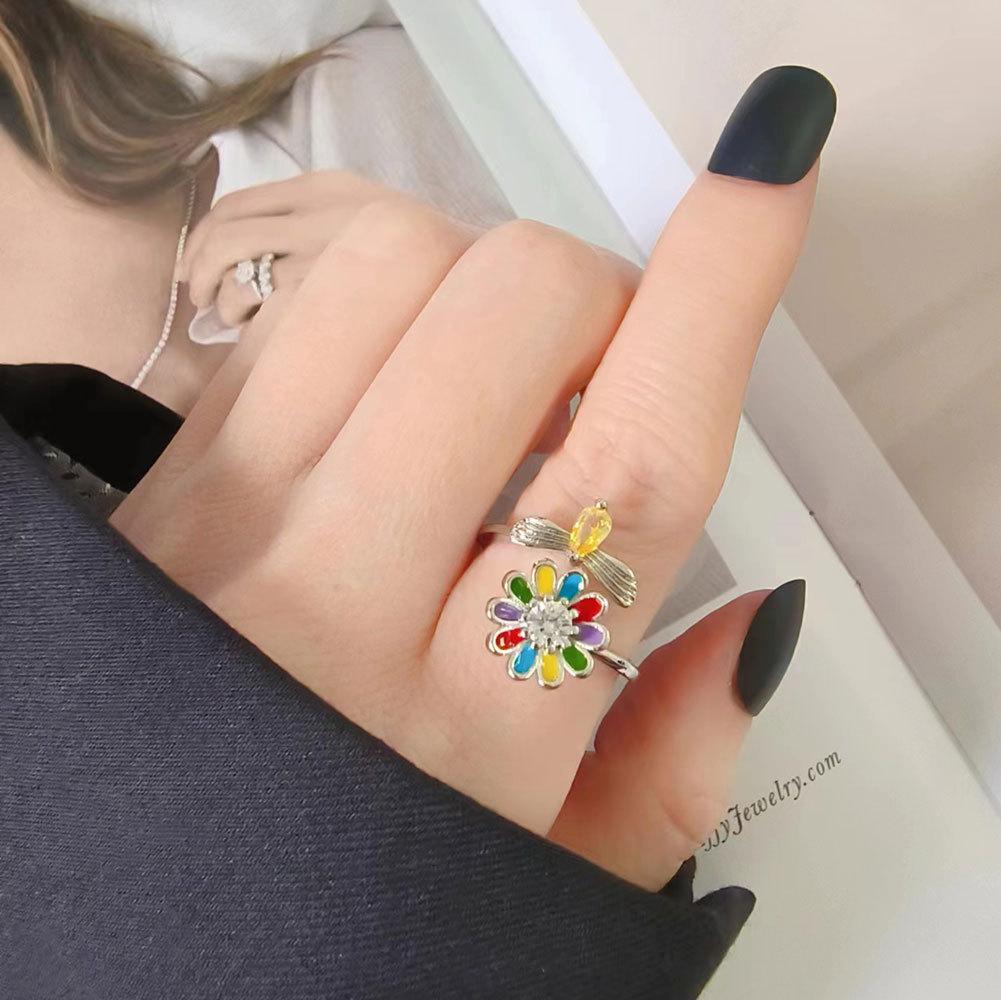 Copper Floral Ring With Zircon Stones For Women Spring Fashion Accessory