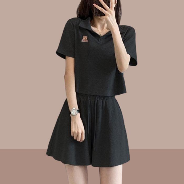 

Летний женский спортивный костюм с коротким рукавом и шортами - Повседневный модный комплект из двух предметов для миниатюрных XXXL чёрный