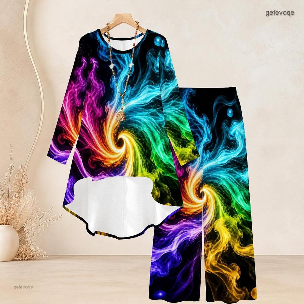 Women Plus Size Two Piece Set Round Neck Long Sleeve Printed High Low Top Wide Leg Pants