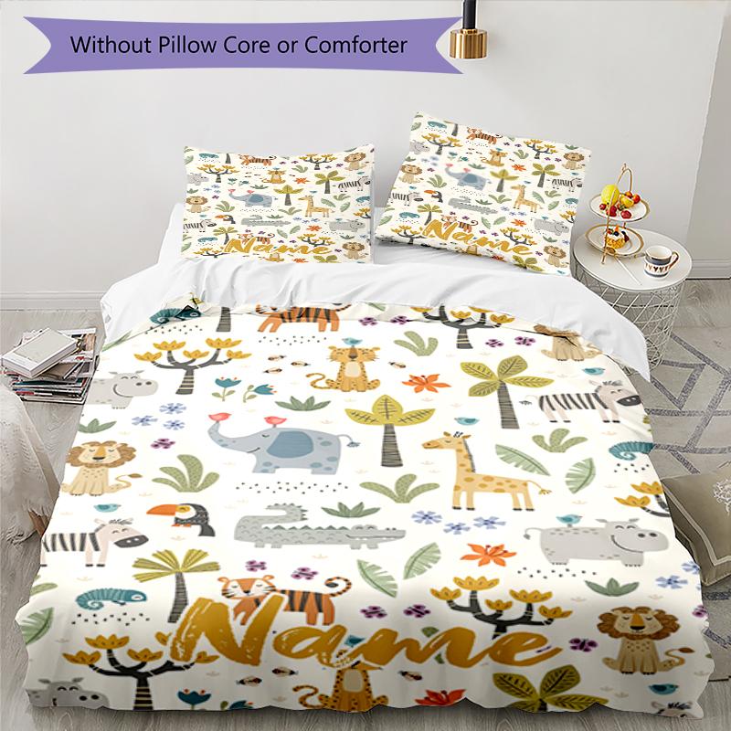 3pcs Custom Name Animals Bedding Set Duvet Cover Closure Includes 1 Duvet Cover & 2 Pillowcases, Soft and Comfortable for All Seasons.