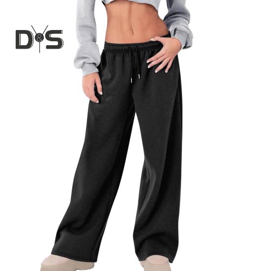 

Женские спортивные брюки средней посадки с эластичной резинкой на талии, регулируемые длинные брюки с завязками, однотонные широкие брюки на бархатной подкладке для осени и зимы L чёрный