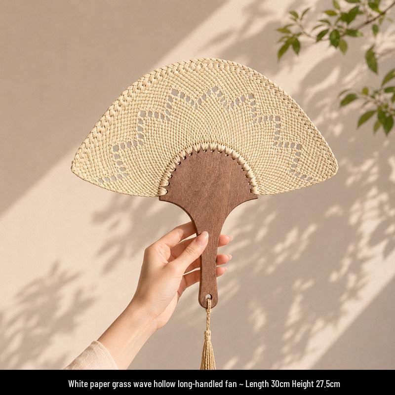 Tai Life Women's Handmade Wabi-sabi Cattail Fan: Artistic Summer Rattan Craft, Chinese Style Intangible Heritage Round Fan