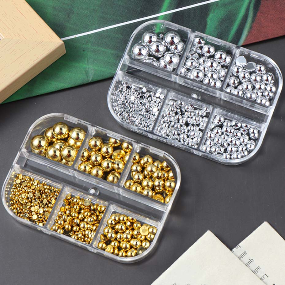 Xiaomi 6 Grids Mixed Size Golden Silvery Semicircle Pearls Nail Art Charms Punk Gothic Design Japanese Nail Art Decoration Nail Supplie