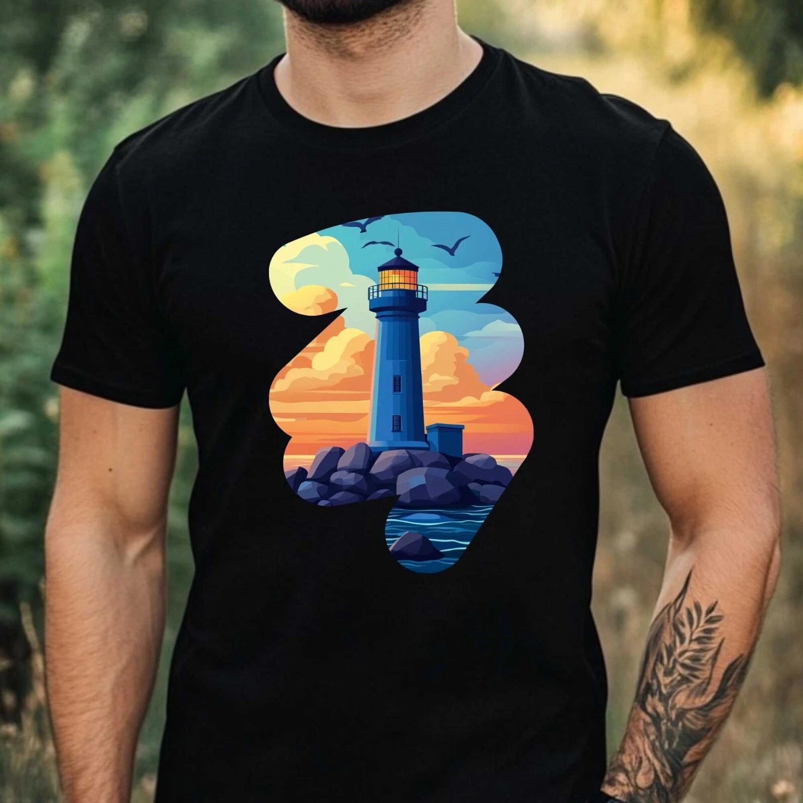 T-Shirt Herren Blauer Leuchtturm Motiv Baumwolle Größe XS bis 5XL XL