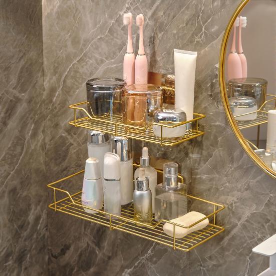 Bathroom Storage Rack with Hollow And Multi-Hook Design Basket Large Capacity Adhesive Installation Organizer for Home