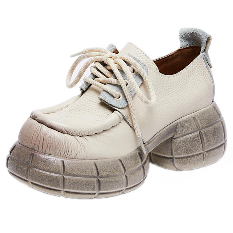 Mode GKTINOO Dicksohlige Erhöhende Pumps 2024 Frühling Neu Echtes Leder Schnürschuhe Vielseitige Retro Damen Plateau Schuhe