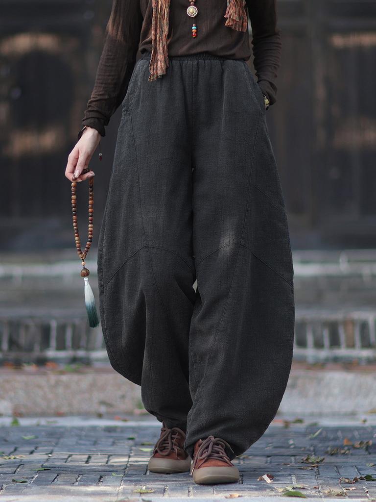 Johnature Women Vintage Bloomers Pants Warm Winter Solid Color Trousers Elastic Waist Loose Pants