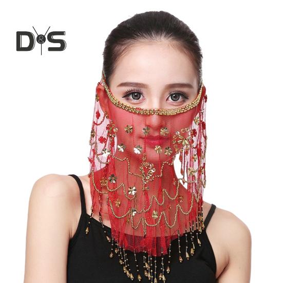 

Фата для выступлений Цветы Блестки Бисер Декор Кружево Танец живота Племенная вуаль для лица Регулируемый ремешок Индийский танцевальный вуаль Аксессуар для костюма на Хэллоуин красный