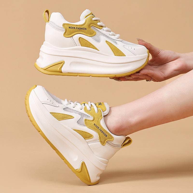 Sommer Damen Dicke Sohle Atmungsaktiv Echtleder Mesh Schuhe 7CM Hohe Plattform Sportliche Freizeitschuhe Vulkanisierte Klobige Sneaker