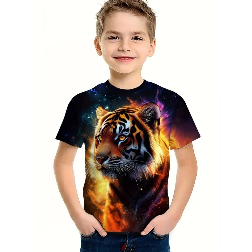 Cool Wolf Boy T-Shirt Tiger 3D Print Kids Short Sleeves Casual Comfortable Boys' Top Tees Outdoor Breathable Lightweight Clothes