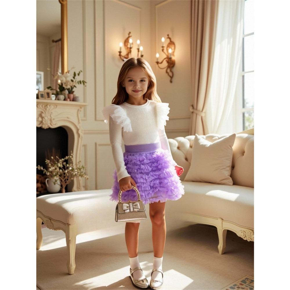 3-7Y Girls' Long-Sleeve T-Shirt + Skirt Children's Half-Skirt Spring/Fall Princess Tulle Skirt Long-Sleeve T-Shirt Puffy Skirt Set