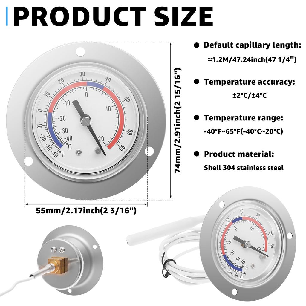 Cooler Thermometer Commercial Freezer Thermometer Capillary Design Refrigeration Gauge Range -40 To 65 ℉ / -40 To 20℃ 2.17" Dial