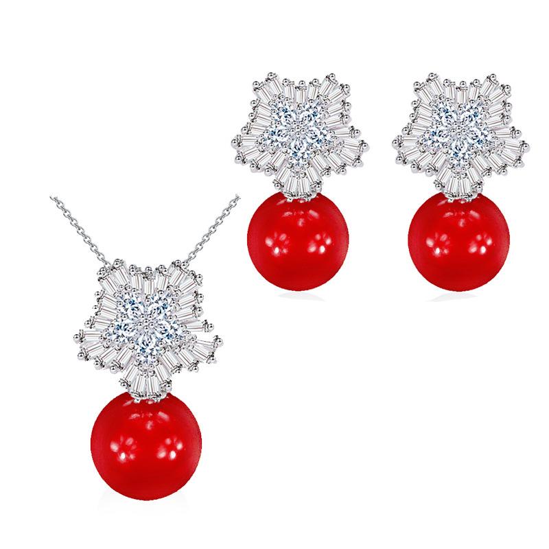 Bridal Pearl Earrings Pendant, Snowflake Pearl Zircon Necklace Earrings Set
