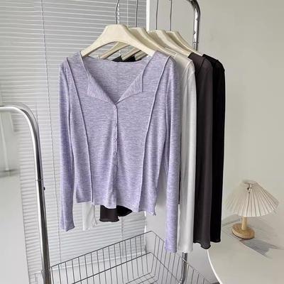 Top in maglia da donna estivo con scollo a V e maniche lunghe, protettivo dal sole