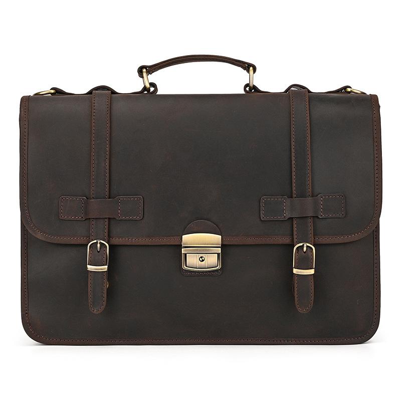 Retro British Style Briefcase, Genuine Leather Exquisite Business Men'S Bag, Crazy Horse Leather Handbag, Cowhide Commuter Computer Bag