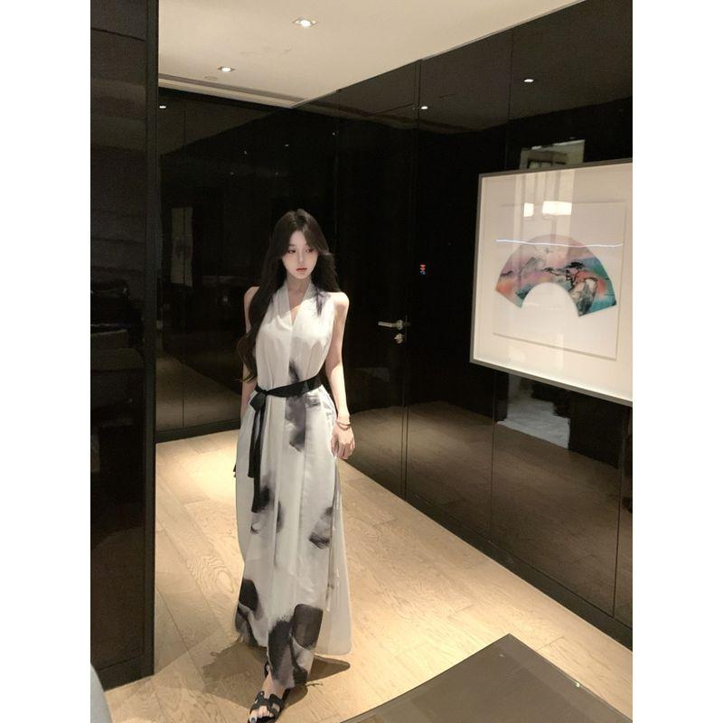 Kumikumi Holiday Style Design Sense Smudges V-neck Hanging Neck Dress Women Summer Niche Chic Loose Long Dress